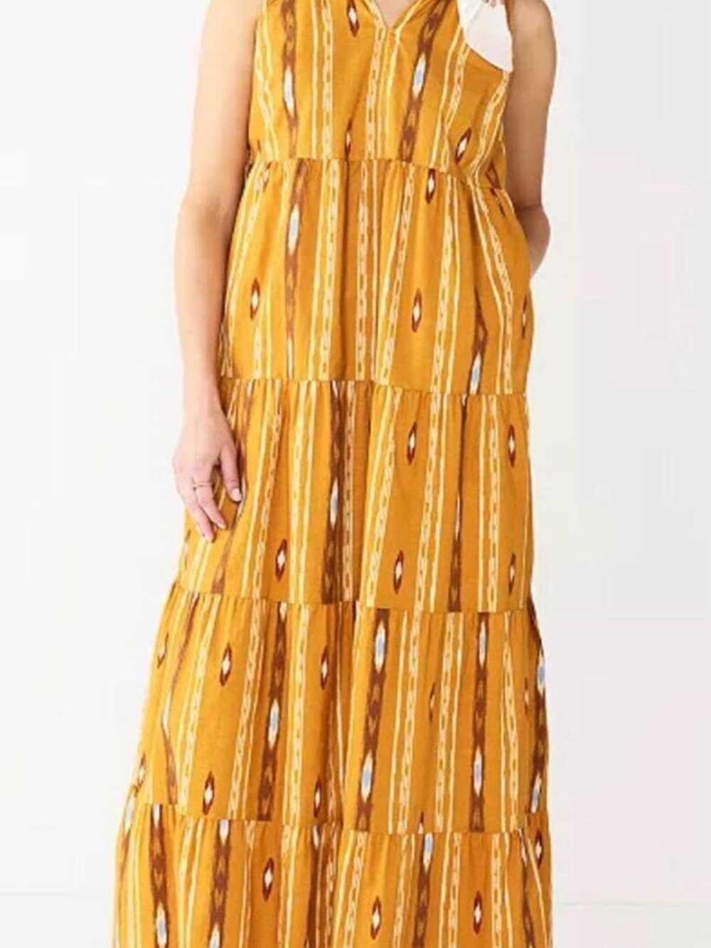 Sonoma Mustard Yellow Tiered Maxi Dress with Geometric Stripe Print